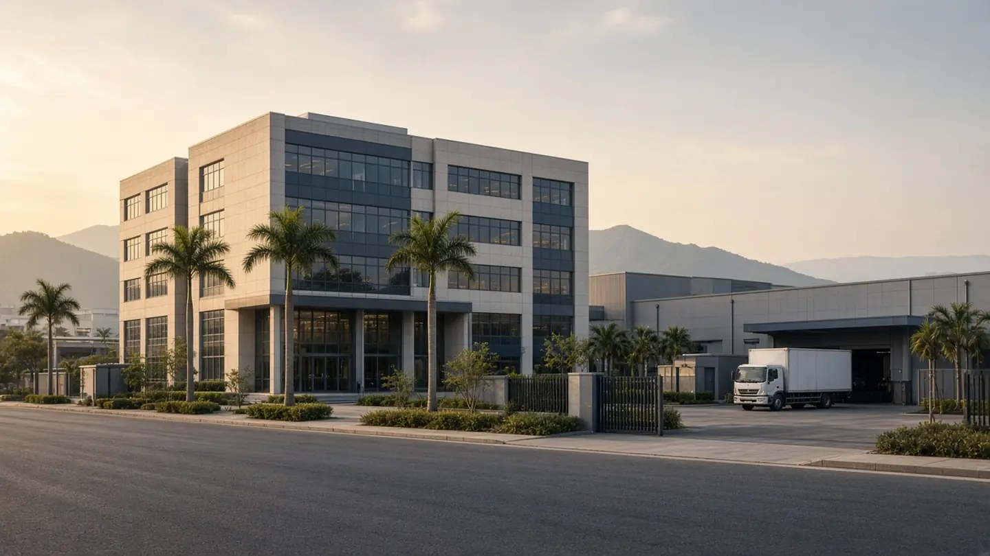 Toy manufacturing and showroom campus — architectural illustration