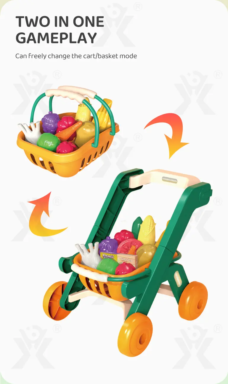 Kids 2-in-1 Shopping Cart Toy with Basket & Play Food Accessories, Role Play, Pretend Play (TG4008954) — product detail panel 2