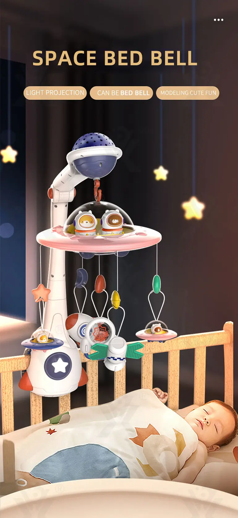 Soothing Space Bed Bell with Star Projection, Music, and Rotating Pendant (TG4118887) — product detail panel 1