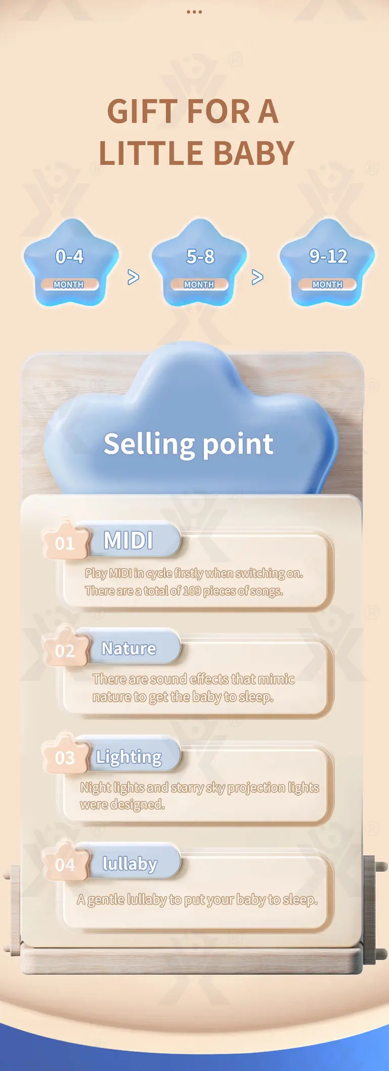 Soothing Space Bed Bell with Star Projection, Music, and Rotating Pendant (TG4118887) — product detail panel 2