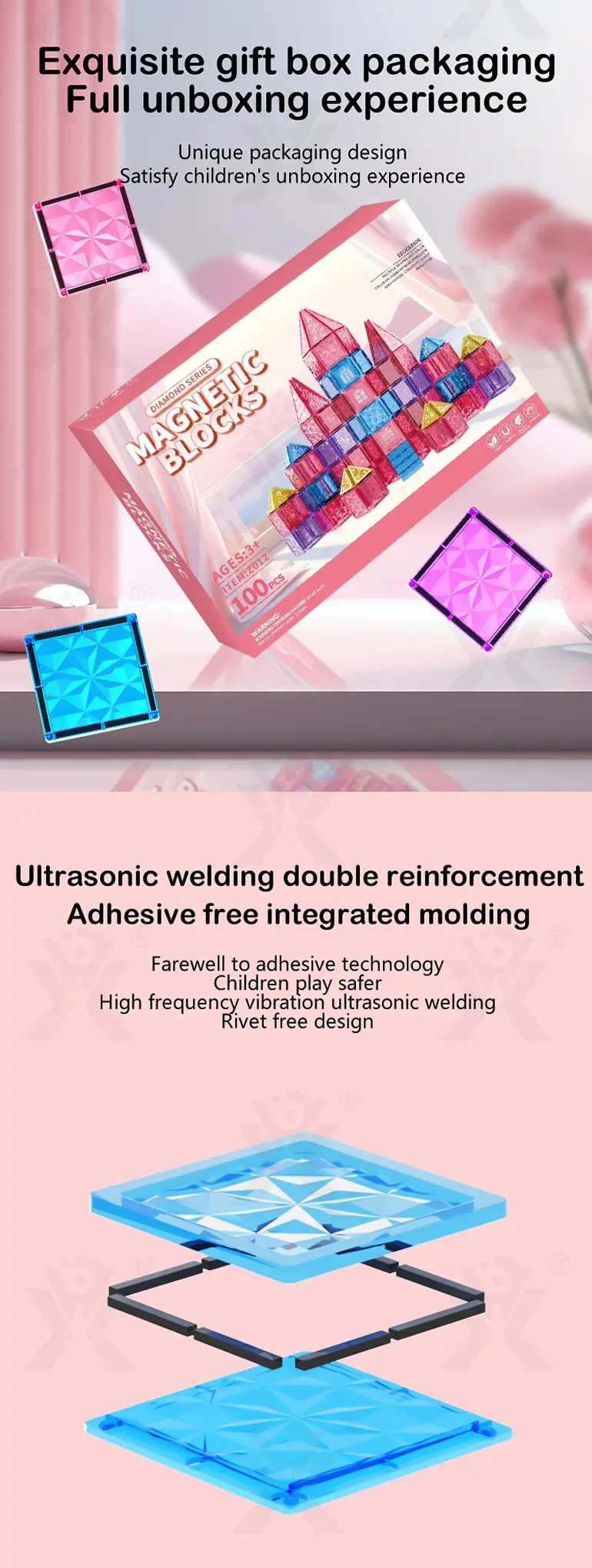 Pink Magnetic Tiles Set 3D Blocks-diy building blocks (TG4412687) — product detail panel 2