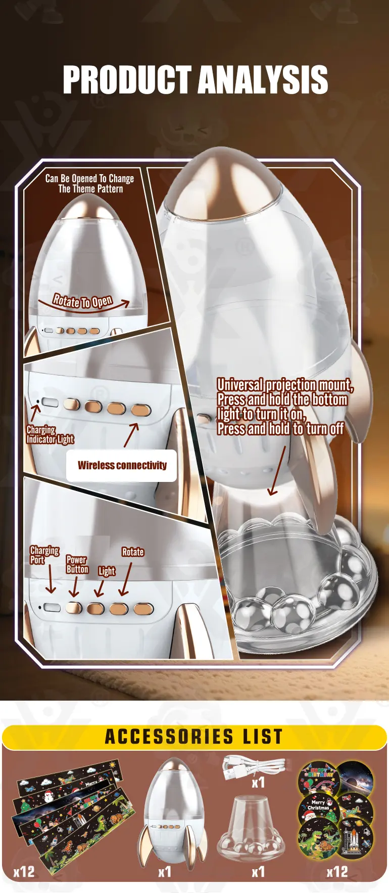 Star Projector Night Light, Space Rocket-Shaped Toy (TG5154530) — product detail panel 4