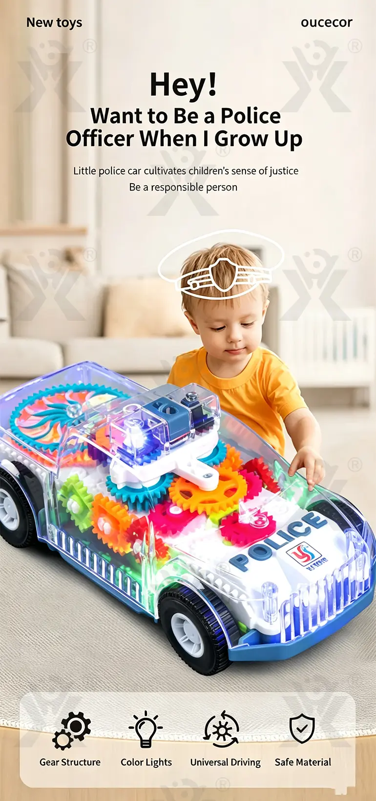 Kids Transparent Electric Police Car Gear Toy with Flashing Lights & Music (TG4104713) — product detail panel 1