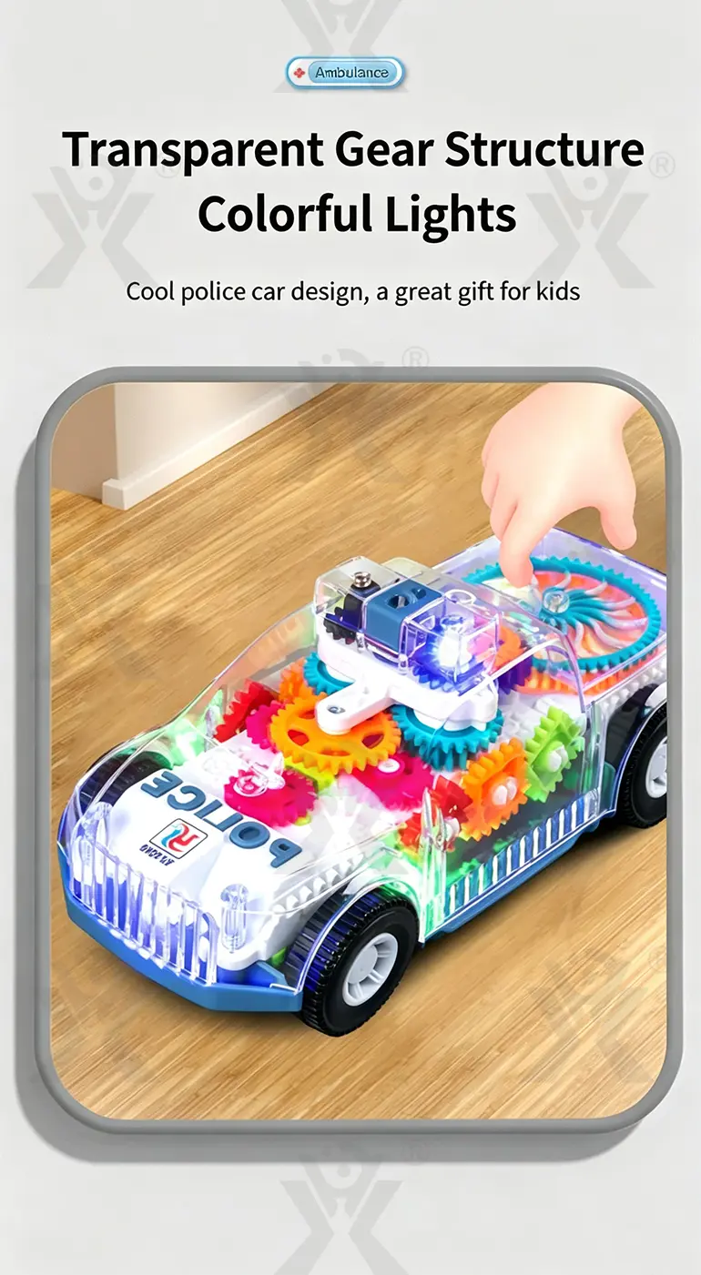 Kids Transparent Electric Police Car Gear Toy with Flashing Lights & Music (TG4104713) — product detail panel 2
