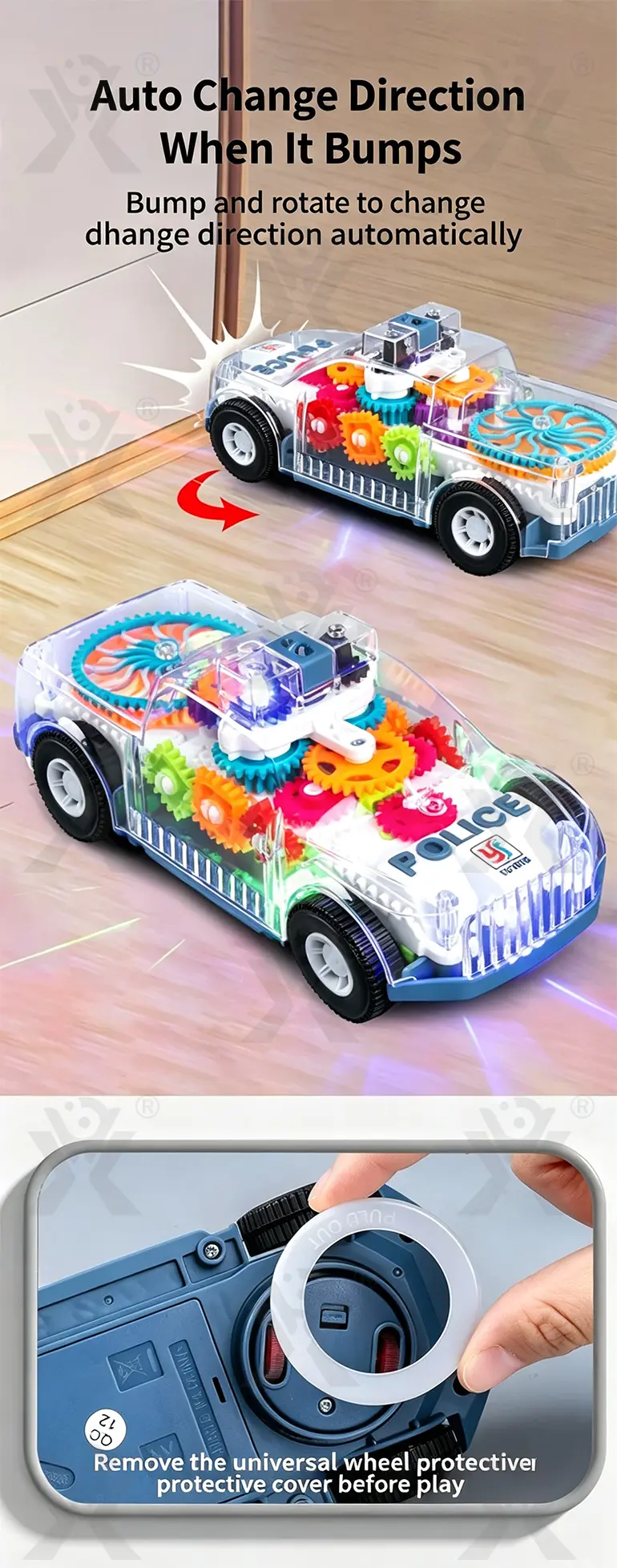 Kids Transparent Electric Police Car Gear Toy with Flashing Lights & Music (TG4104713) — product detail panel 3