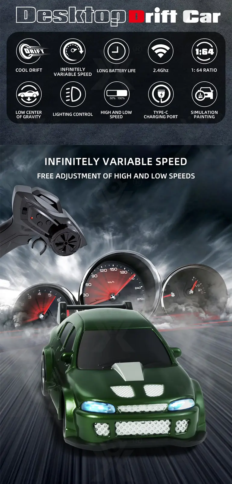 1/64 2.4G 4WD Mini Drift RC Car LED Light, High Speed Racing Remote Control Vehicles Models Desktop Toys (TG5131038) — product detail panel 2