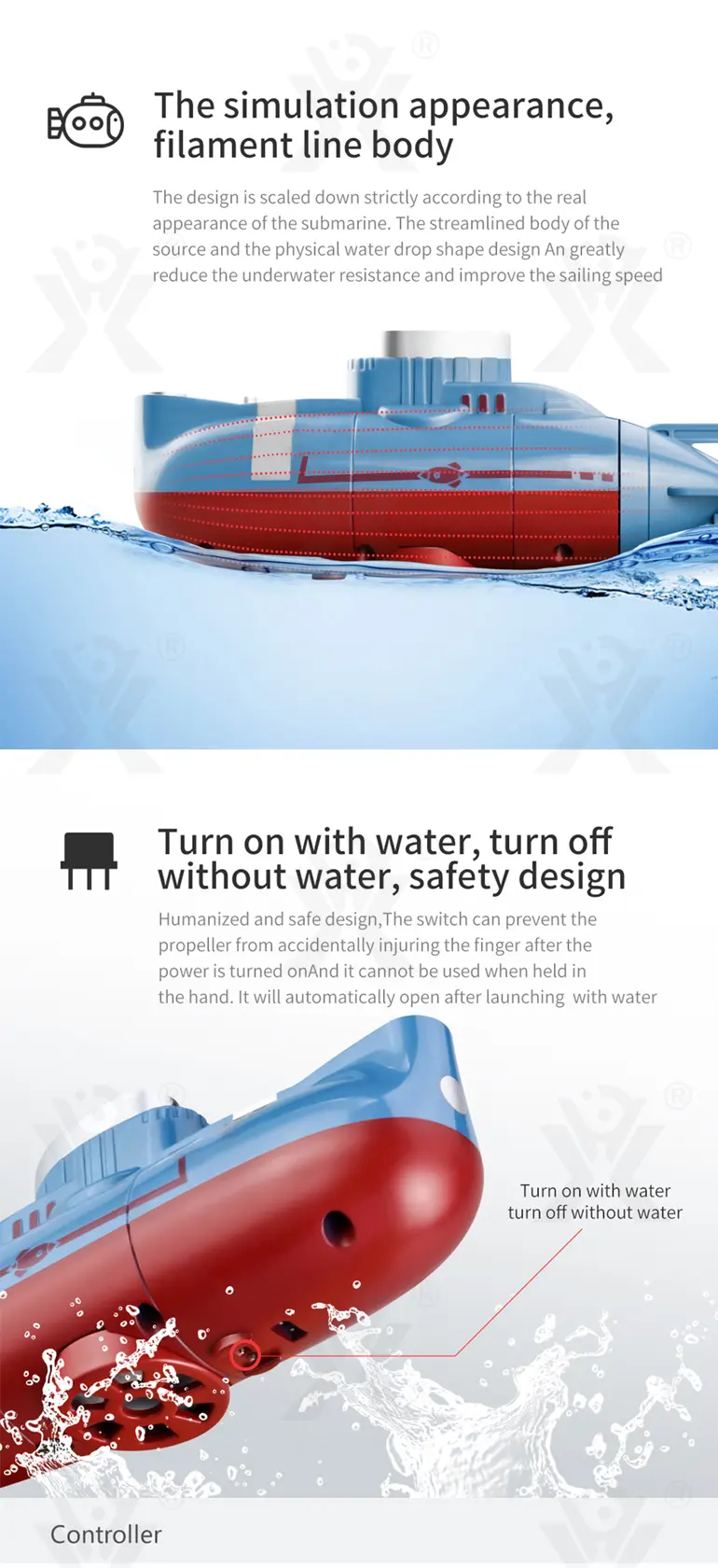RC Submarine Toy Remote Control Boat, Underwater Diving Waterproof RC Toy Submarine (TG4850551) — product detail panel 6