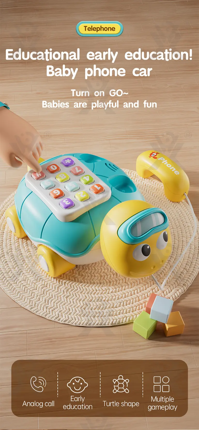Cartoon Turtle Pull String Phone Toy, Baby Phone Toy Wholesale Supply (TG4900800) — product detail panel 1